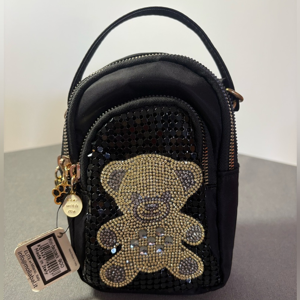 Moliabal Italian Black Bling Teddy Bear Mini Backpack Y2K Chic Playful Beads NWT